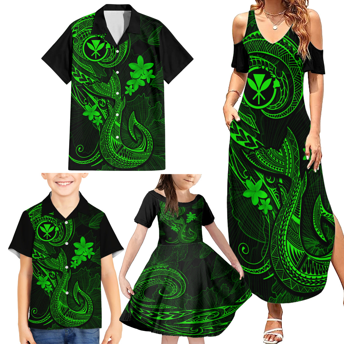 Hawaii Family Matching Summer Maxi Dress and Hawaiian Shirt Fish Hook Tattoo Mix Polynesian Plumeria Green Version - Wonder Print Shop