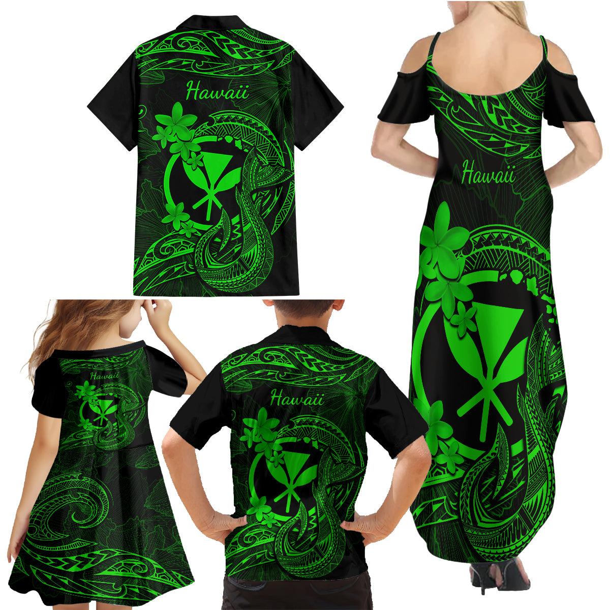 Hawaii Family Matching Summer Maxi Dress and Hawaiian Shirt Fish Hook Tattoo Mix Polynesian Plumeria Green Version - Wonder Print Shop