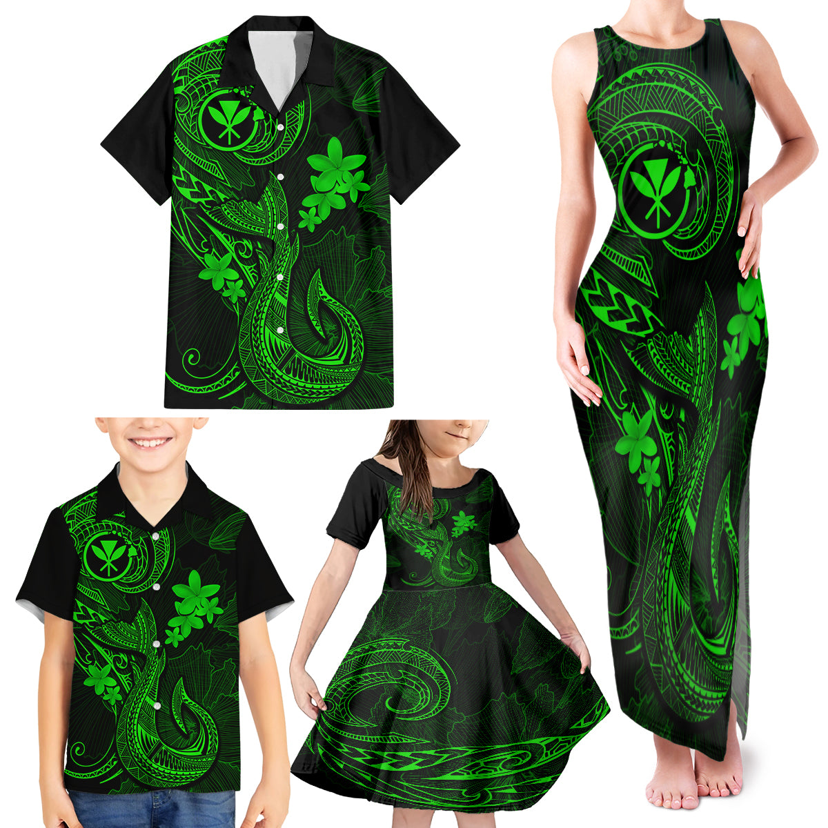 Hawaii Family Matching Tank Maxi Dress and Hawaiian Shirt Fish Hook Tattoo Mix Polynesian Plumeria Green Version - Wonder Print Shop