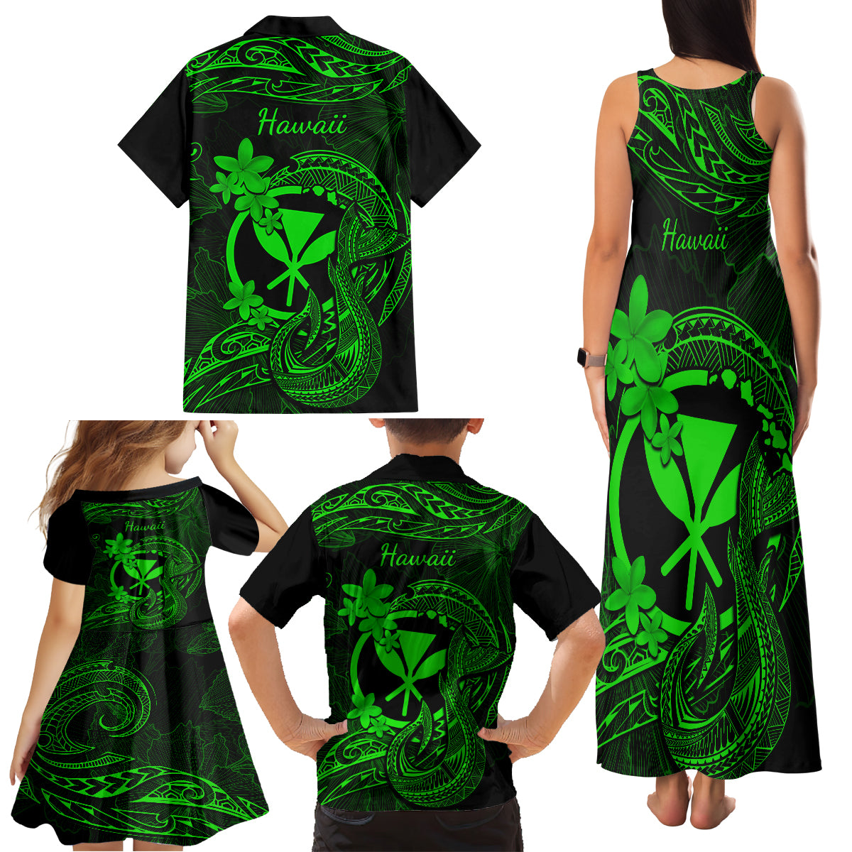 Hawaii Family Matching Tank Maxi Dress and Hawaiian Shirt Fish Hook Tattoo Mix Polynesian Plumeria Green Version - Wonder Print Shop