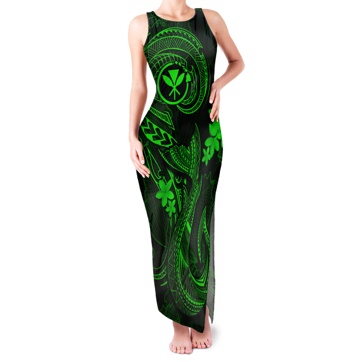 Hawaii Family Matching Tank Maxi Dress and Hawaiian Shirt Fish Hook Tattoo Mix Polynesian Plumeria Green Version - Wonder Print Shop