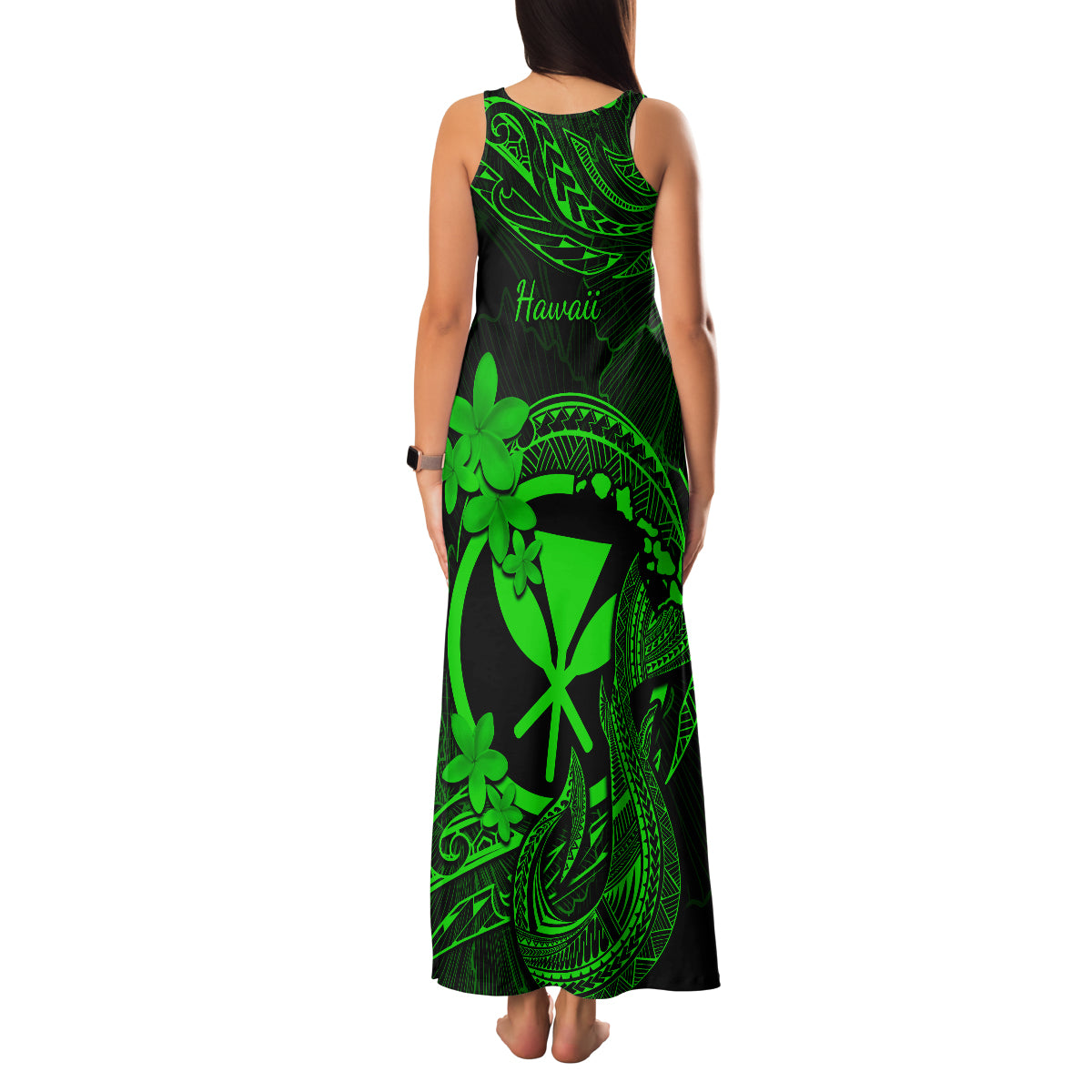 Hawaii Family Matching Tank Maxi Dress and Hawaiian Shirt Fish Hook Tattoo Mix Polynesian Plumeria Green Version - Wonder Print Shop