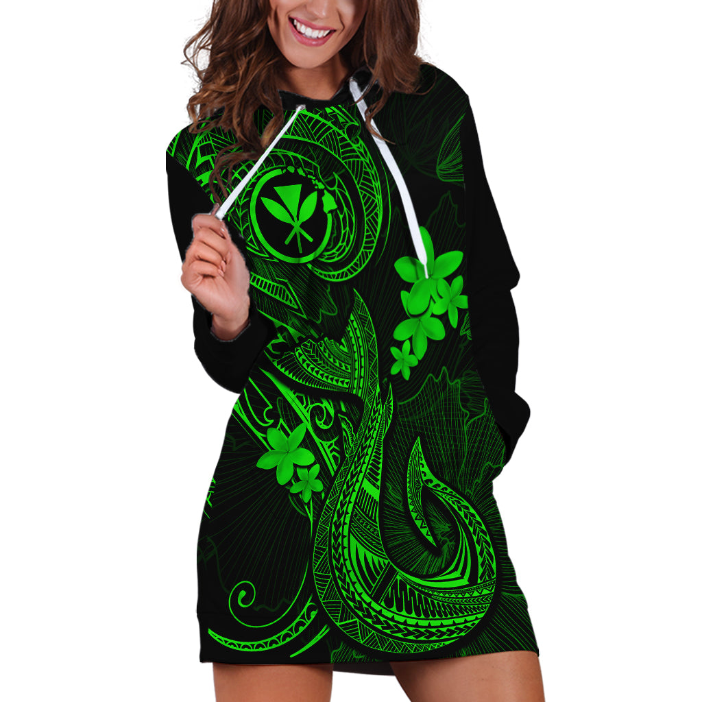 Hawaii Hoodie Dress Fish Hook Tattoo Mix Polynesian Plumeria Green Version - Wonder Print Shop
