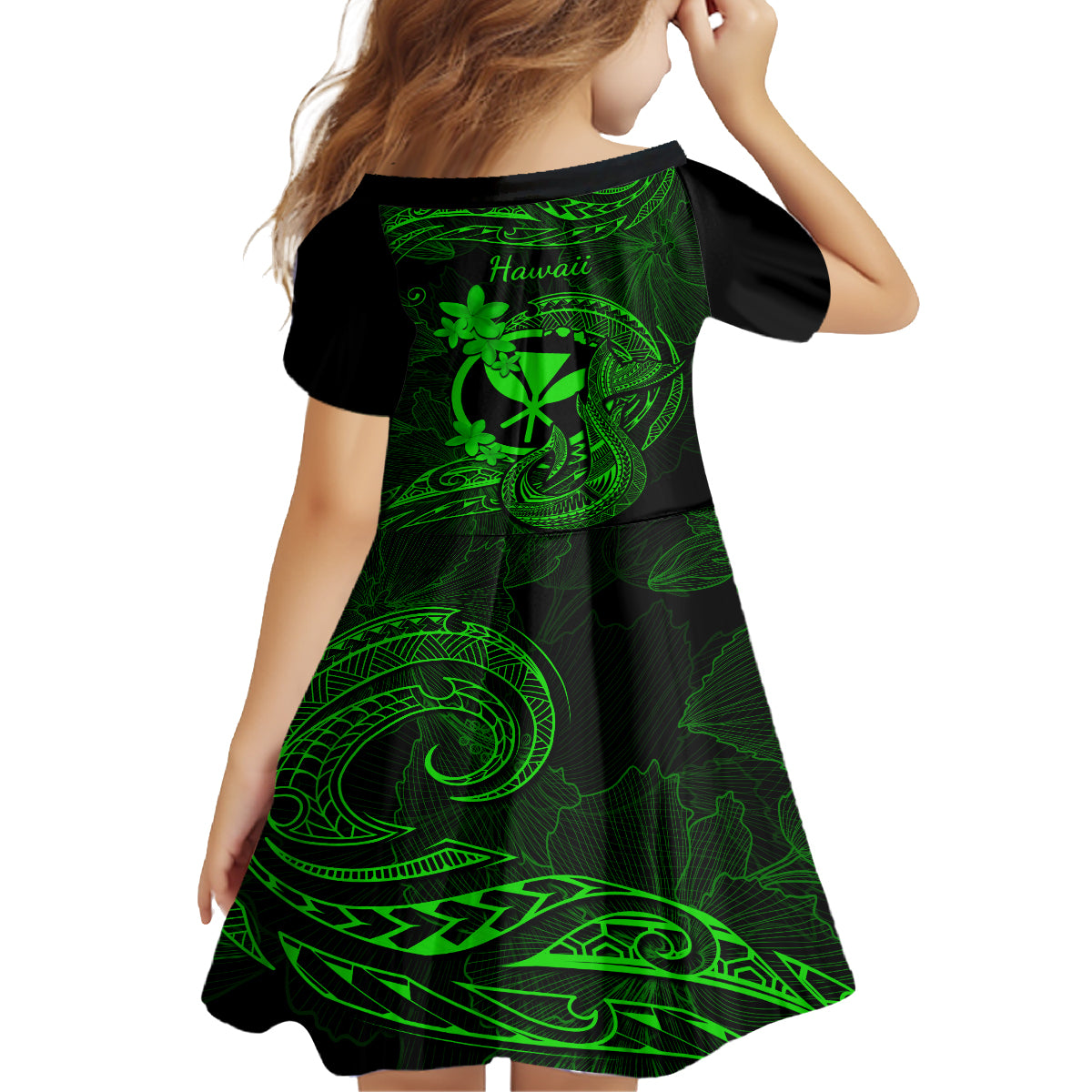 Hawaii Kid Short Sleeve Dress Fish Hook Tattoo Mix Polynesian Plumeria Green Version - Wonder Print Shop