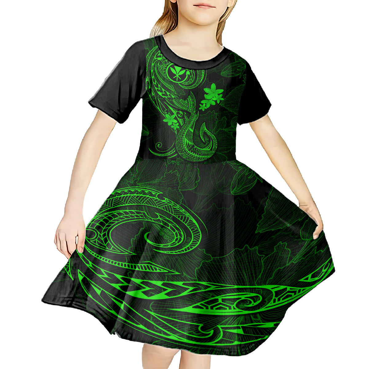 Hawaii Kid Short Sleeve Dress Fish Hook Tattoo Mix Polynesian Plumeria Green Version - Wonder Print Shop