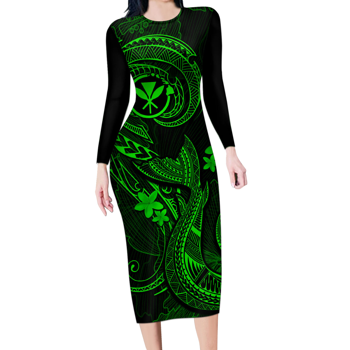 Hawaii Long Sleeve Bodycon Dress Fish Hook Tattoo Mix Polynesian Plumeria Green Version - Wonder Print Shop