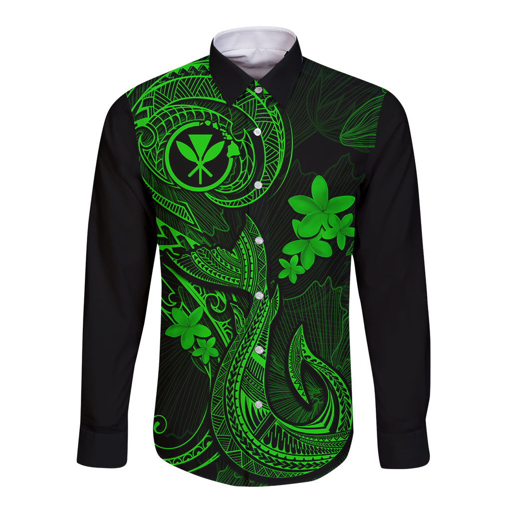 Hawaii Long Sleeve Button Shirt Fish Hook Tattoo Mix Polynesian Plumeria Green Version - Wonder Print Shop