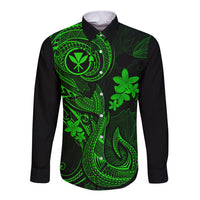 Hawaii Long Sleeve Button Shirt Fish Hook Tattoo Mix Polynesian Plumeria Green Version - Wonder Print Shop