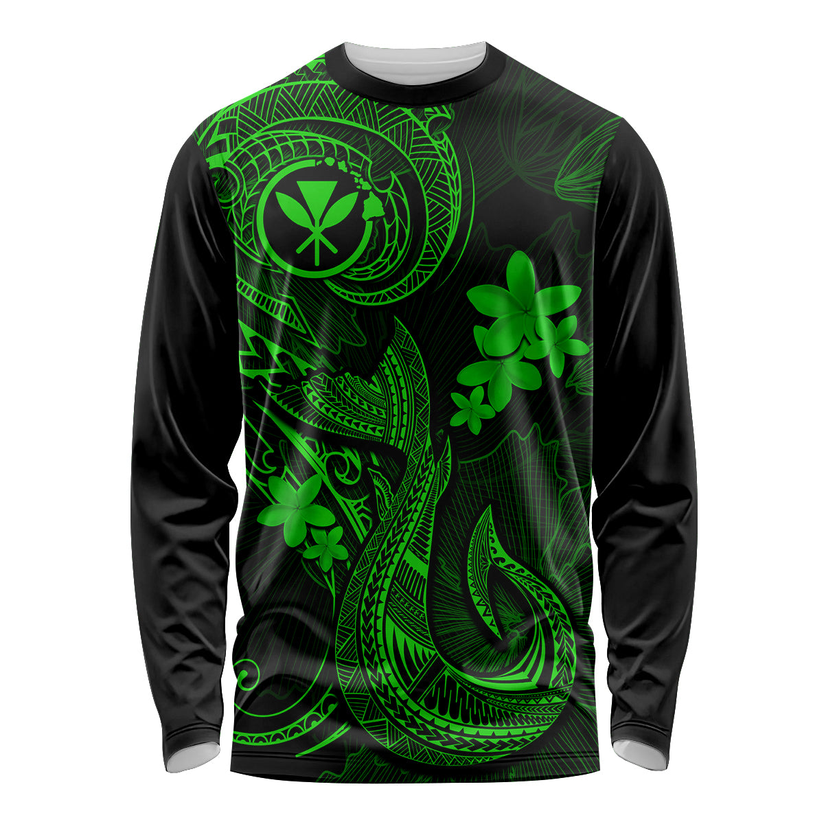 Hawaii Long Sleeve Shirt Fish Hook Tattoo Mix Polynesian Plumeria Green Version - Wonder Print Shop