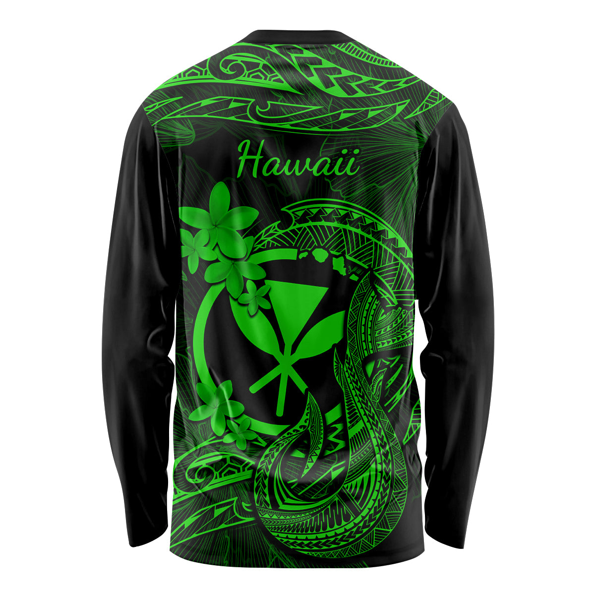 Hawaii Long Sleeve Shirt Fish Hook Tattoo Mix Polynesian Plumeria Green Version - Wonder Print Shop