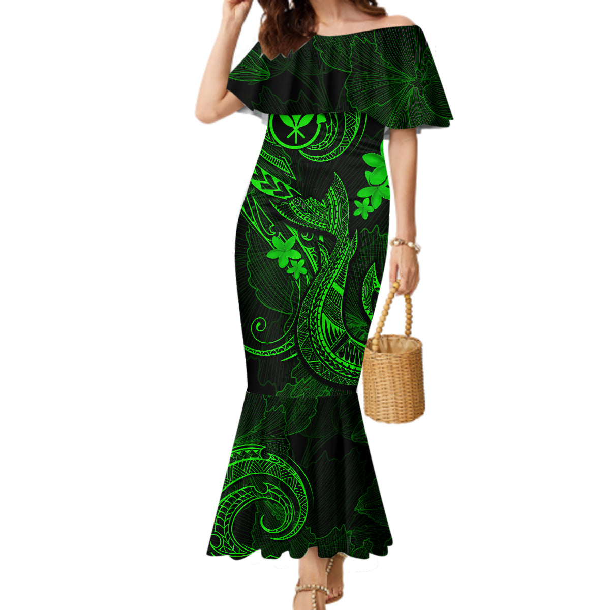Hawaii Mermaid Dress Fish Hook Tattoo Mix Polynesian Plumeria Green Version - Wonder Print Shop
