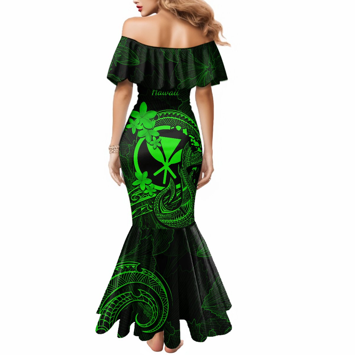 Hawaii Mermaid Dress Fish Hook Tattoo Mix Polynesian Plumeria Green Version - Wonder Print Shop