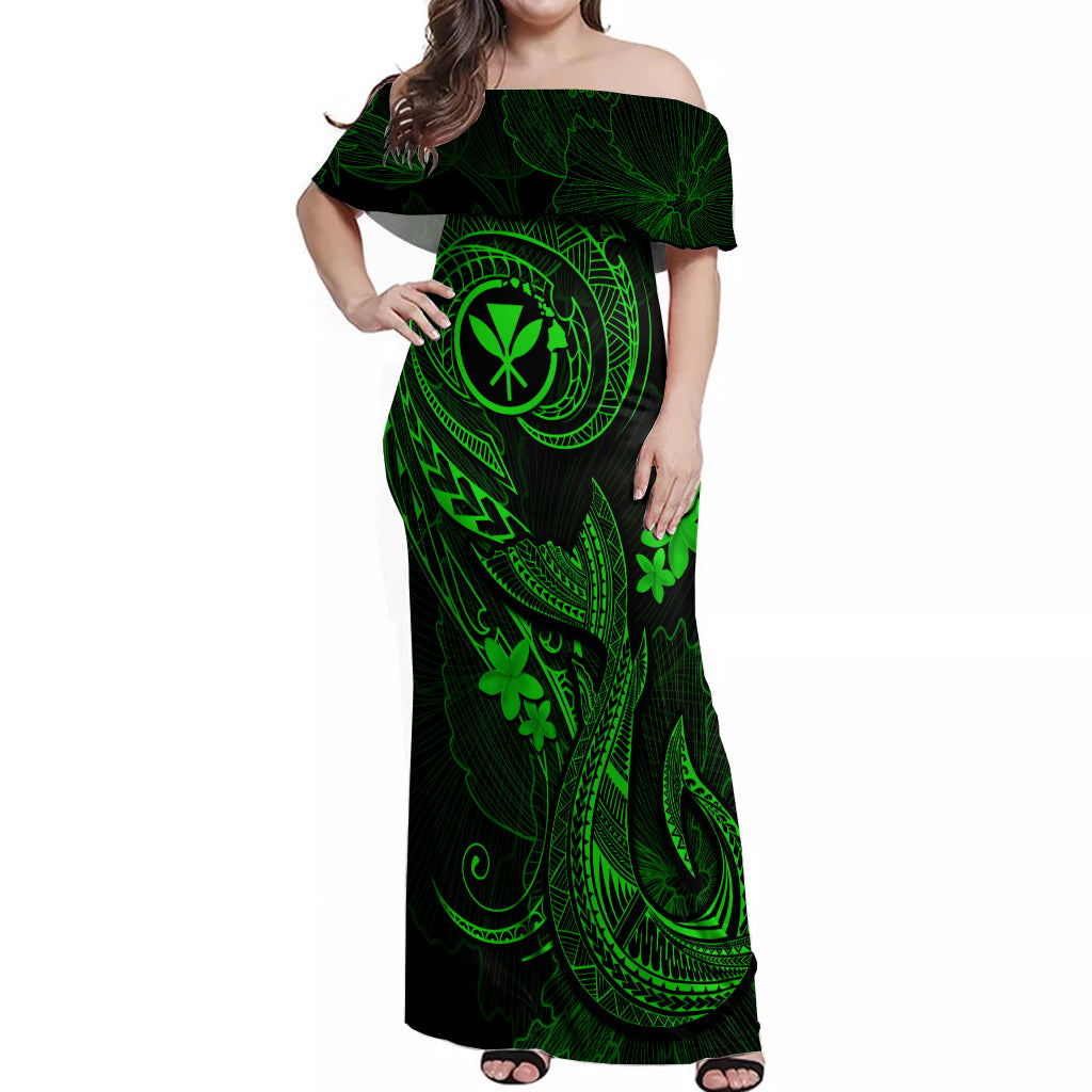 Hawaii Off Shoulder Maxi Dress Fish Hook Tattoo Mix Polynesian Plumeria Green Version - Wonder Print Shop