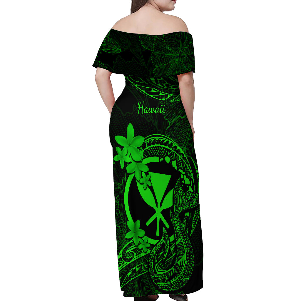 Hawaii Off Shoulder Maxi Dress Fish Hook Tattoo Mix Polynesian Plumeria Green Version - Wonder Print Shop