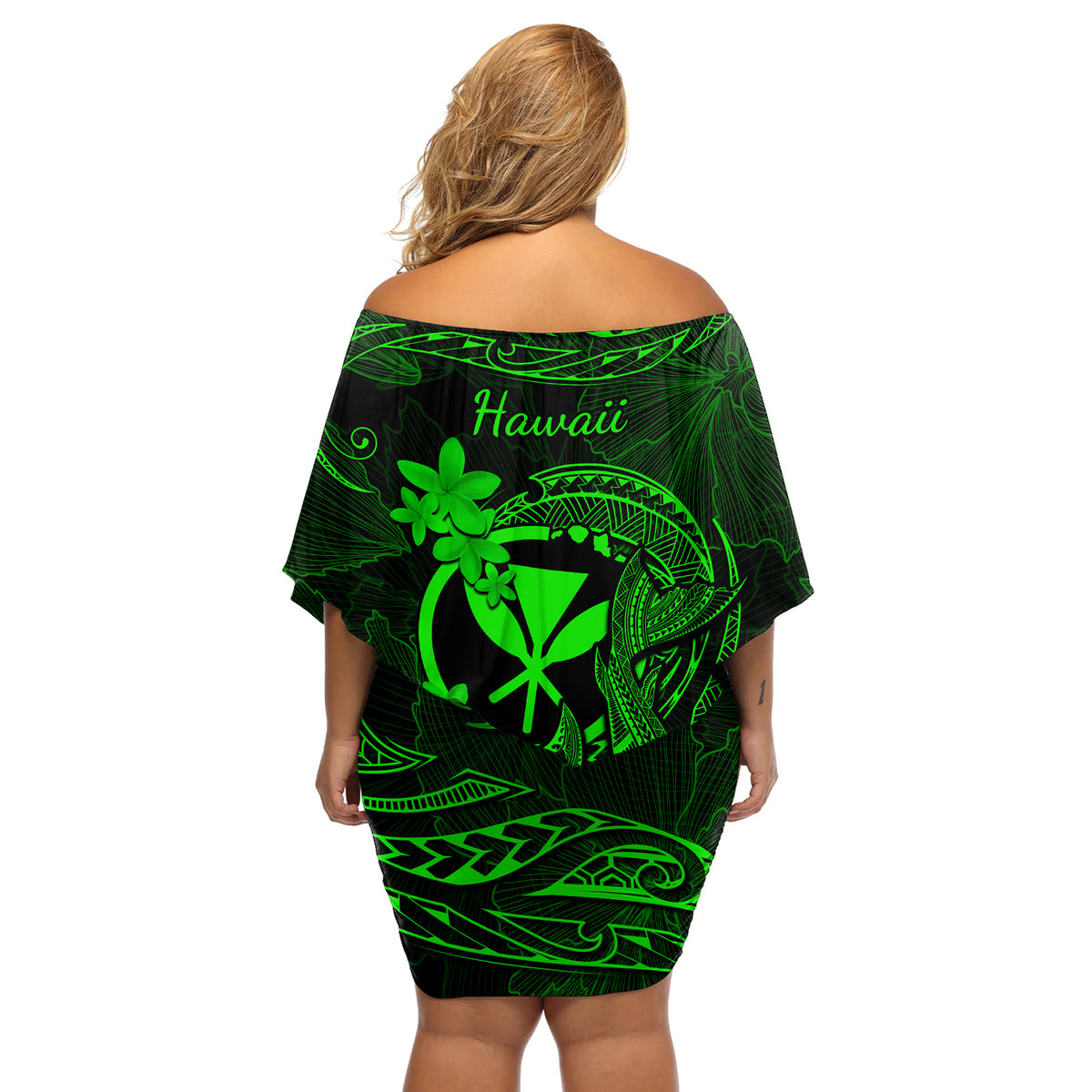 Hawaii Off Shoulder Short Dress Fish Hook Tattoo Mix Polynesian Plumeria Green Version - Wonder Print Shop