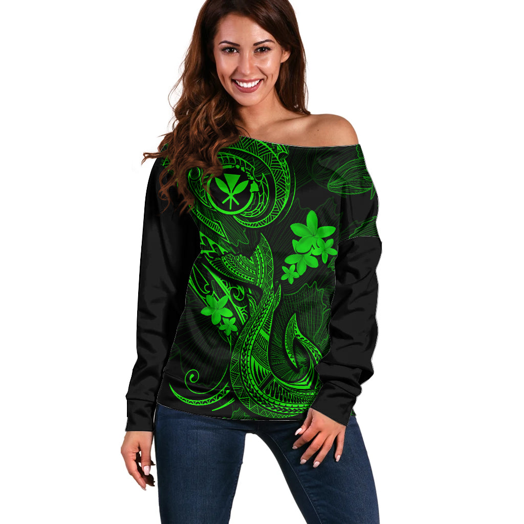 Hawaii Off Shoulder Sweater Fish Hook Tattoo Mix Polynesian Plumeria Green Version - Wonder Print Shop