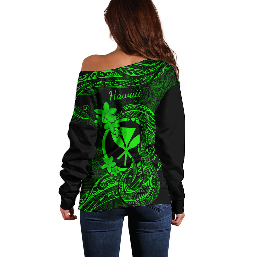 Hawaii Off Shoulder Sweater Fish Hook Tattoo Mix Polynesian Plumeria Green Version - Wonder Print Shop