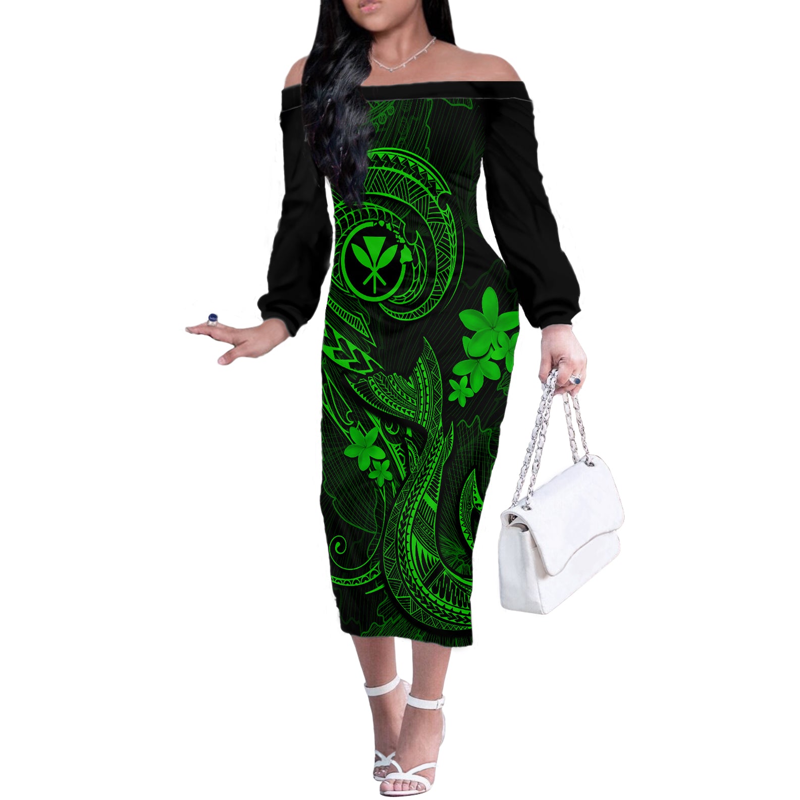 Hawaii Off The Shoulder Long Sleeve Dress Fish Hook Tattoo Mix Polynesian Plumeria Green Version - Wonder Print Shop