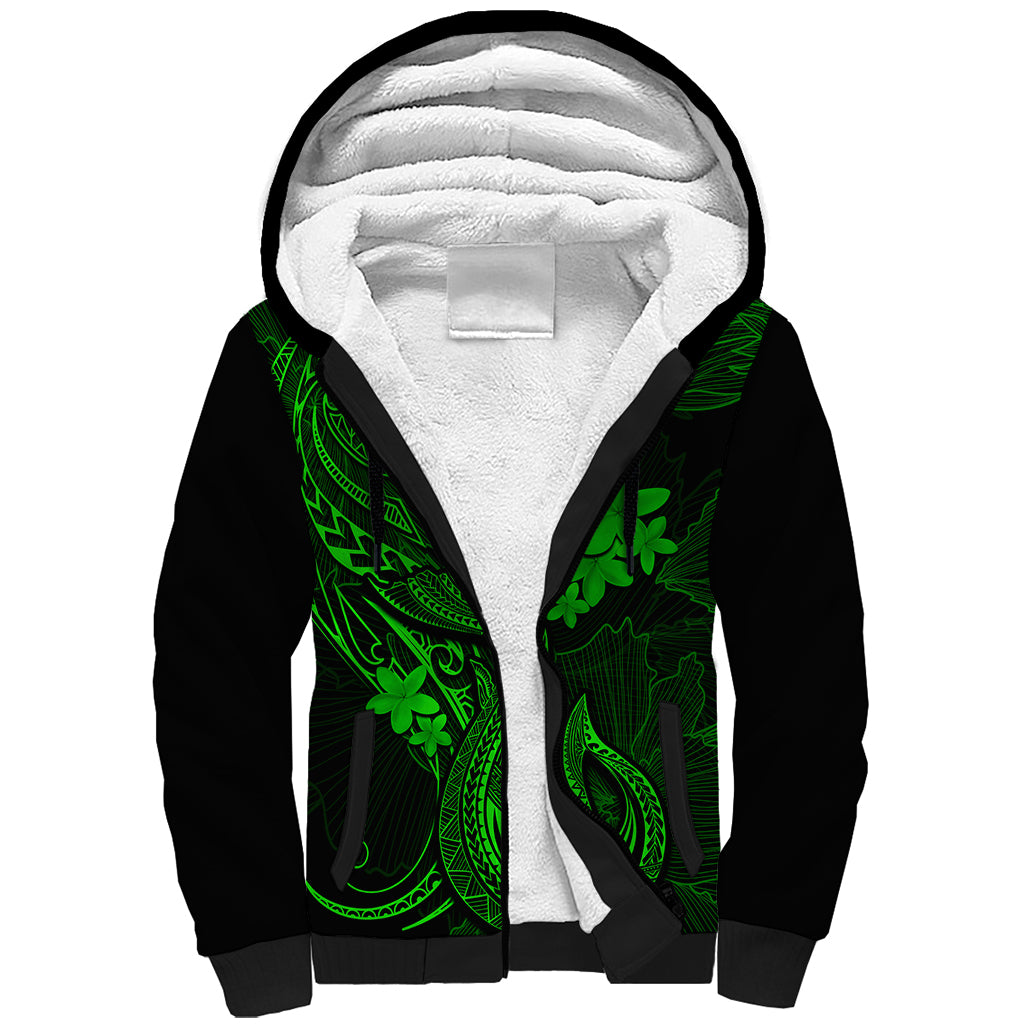 Hawaii Sherpa Hoodie Fish Hook Tattoo Mix Polynesian Plumeria Green Version - Wonder Print Shop