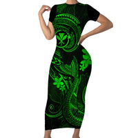 Hawaii Short Sleeve Bodycon Dress Fish Hook Tattoo Mix Polynesian Plumeria Green Version - Wonder Print Shop