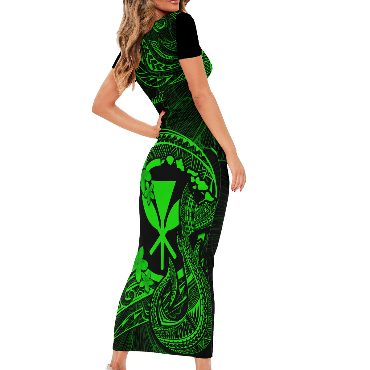 Hawaii Short Sleeve Bodycon Dress Fish Hook Tattoo Mix Polynesian Plumeria Green Version - Wonder Print Shop