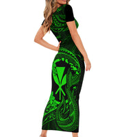 Hawaii Short Sleeve Bodycon Dress Fish Hook Tattoo Mix Polynesian Plumeria Green Version - Wonder Print Shop