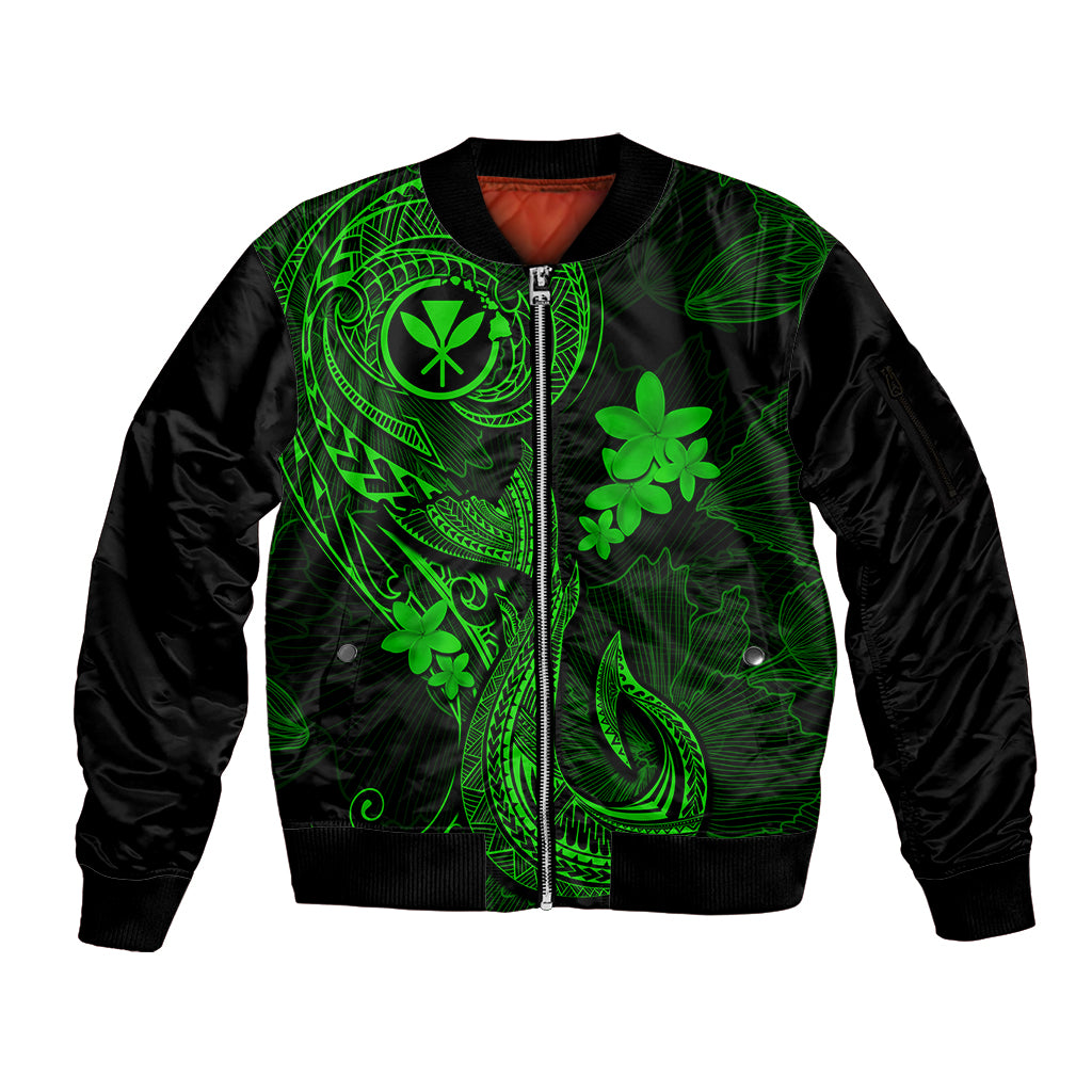 Hawaii Sleeve Zip Bomber Jacket Fish Hook Tattoo Mix Polynesian Plumeria Green Version - Wonder Print Shop