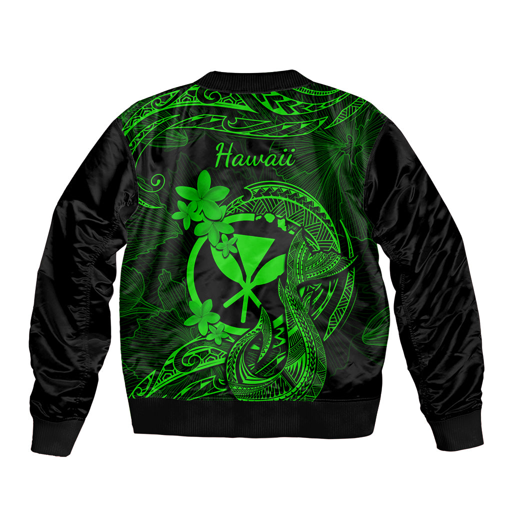 Hawaii Sleeve Zip Bomber Jacket Fish Hook Tattoo Mix Polynesian Plumeria Green Version - Wonder Print Shop
