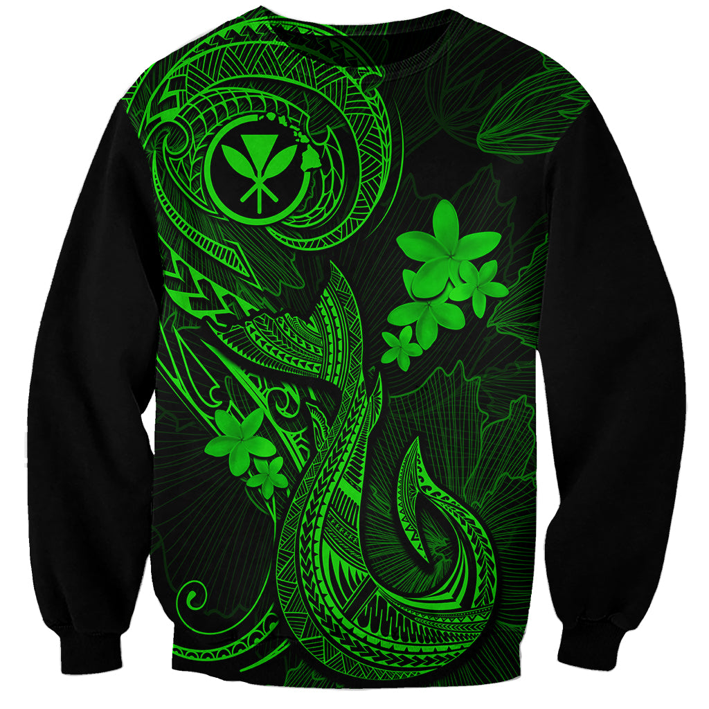 Hawaii Sweatshirt Fish Hook Tattoo Mix Polynesian Plumeria Green Version - Wonder Print Shop