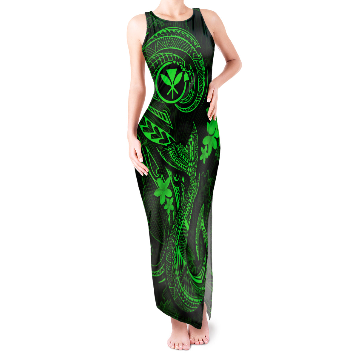 Hawaii Tank Maxi Dress Fish Hook Tattoo Mix Polynesian Plumeria Green Version - Wonder Print Shop