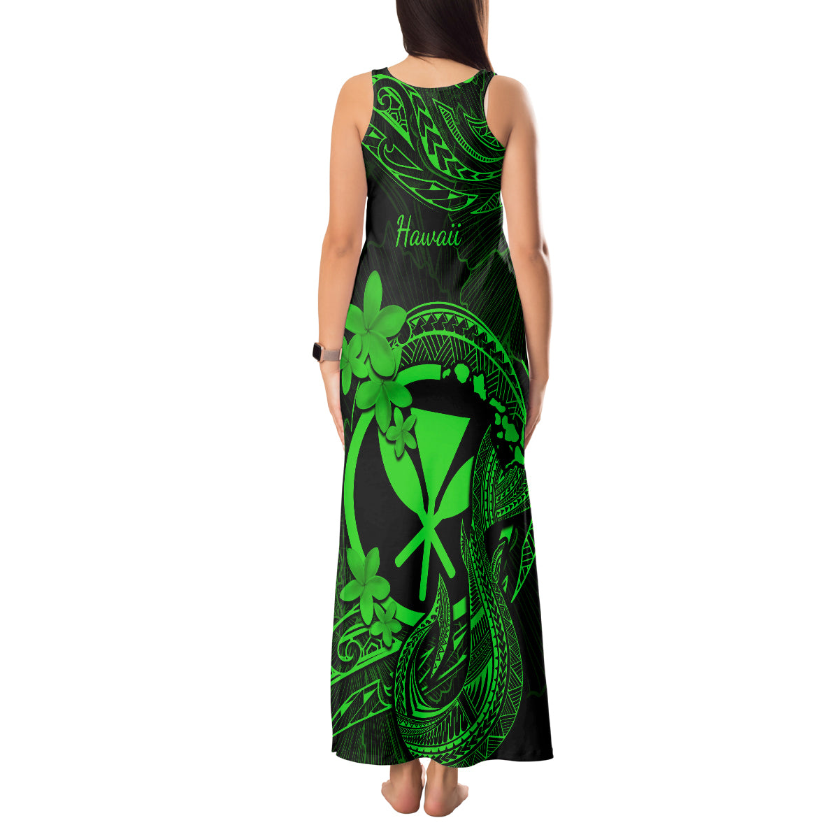 Hawaii Tank Maxi Dress Fish Hook Tattoo Mix Polynesian Plumeria Green Version - Wonder Print Shop