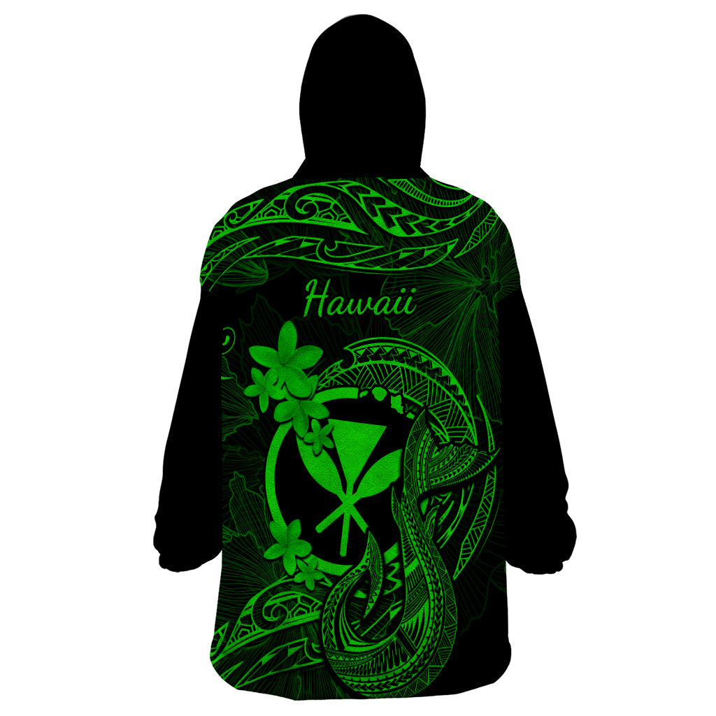 Hawaii Wearable Blanket Hoodie Fish Hook Tattoo Mix Polynesian Plumeria Green Version - Wonder Print Shop