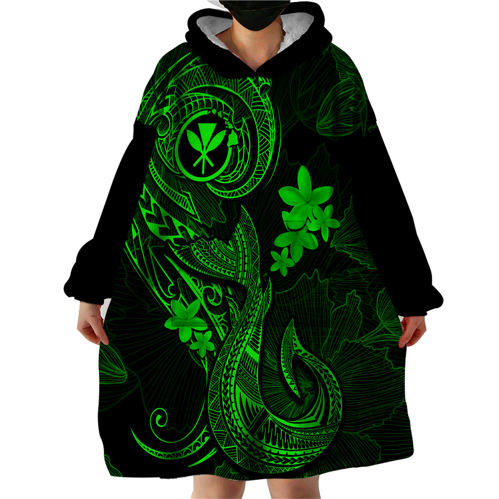 Hawaii Wearable Blanket Hoodie Fish Hook Tattoo Mix Polynesian Plumeria Green Version - Wonder Print Shop