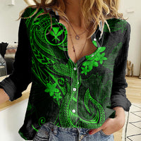 Hawaii Women Casual Shirt Fish Hook Tattoo Mix Polynesian Plumeria Green Version - Wonder Print Shop