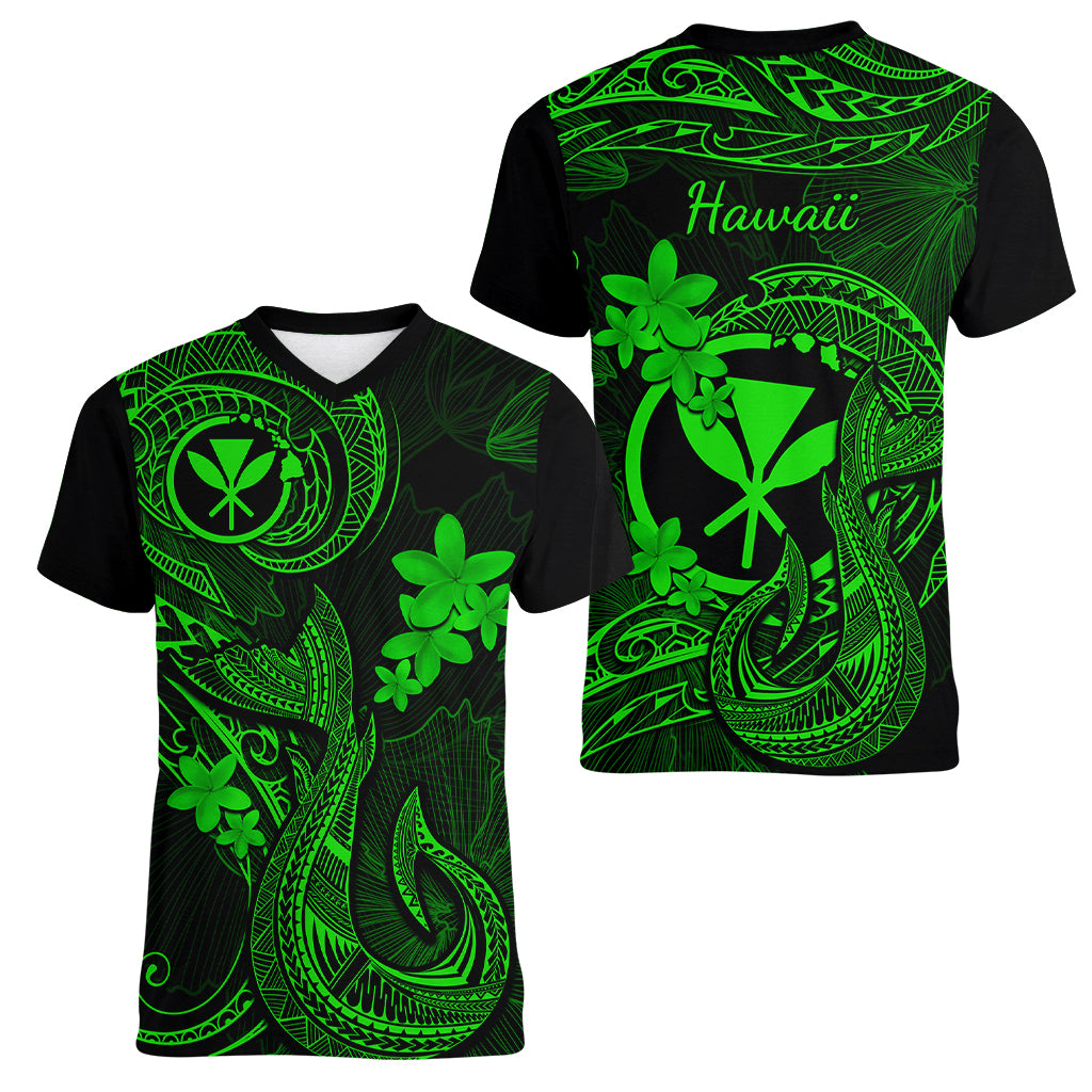 Hawaii Women V Neck T Shirt Fish Hook Tattoo Mix Polynesian Plumeria Green Version - Wonder Print Shop