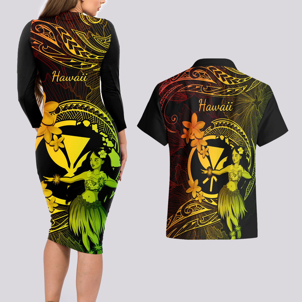 Hawaii Couples Matching Long Sleeve Bodycon Dress and Hawaiian Shirt Hula Girl Mix Polynesian Plumeria Reggae Version - Wonder Print Shop