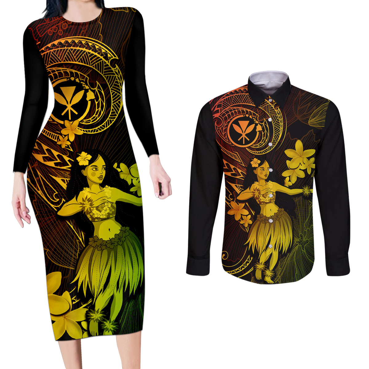 Hawaii Couples Matching Long Sleeve Bodycon Dress and Long Sleeve Button Shirts Hula Girl Mix Polynesian Plumeria Reggae Version - Wonder Print Shop