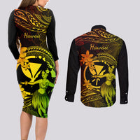 Hawaii Couples Matching Long Sleeve Bodycon Dress and Long Sleeve Button Shirts Hula Girl Mix Polynesian Plumeria Reggae Version - Wonder Print Shop