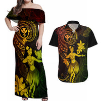 Hawaii Couples Matching Off Shoulder Maxi Dress and Hawaiian Shirt Hula Girl Mix Polynesian Plumeria Reggae Version - Wonder Print Shop
