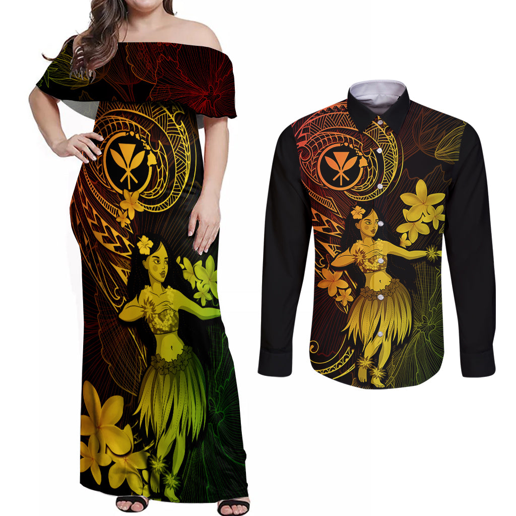 Hawaii Couples Matching Off Shoulder Maxi Dress and Long Sleeve Button Shirts Hula Girl Mix Polynesian Plumeria Reggae Version - Wonder Print Shop