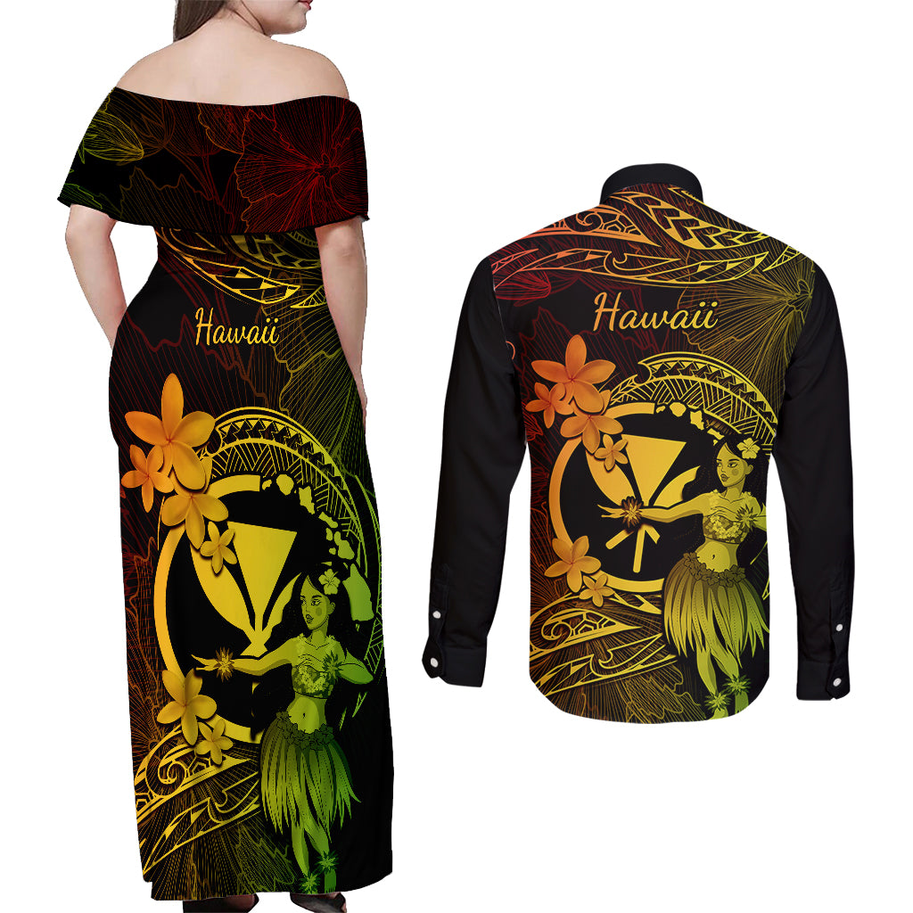 Hawaii Couples Matching Off Shoulder Maxi Dress and Long Sleeve Button Shirts Hula Girl Mix Polynesian Plumeria Reggae Version - Wonder Print Shop