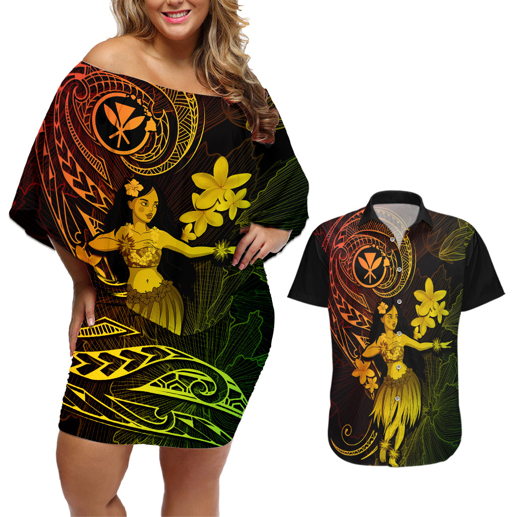 Hawaii Couples Matching Off Shoulder Short Dress and Hawaiian Shirt Hula Girl Mix Polynesian Plumeria Reggae Version - Wonder Print Shop