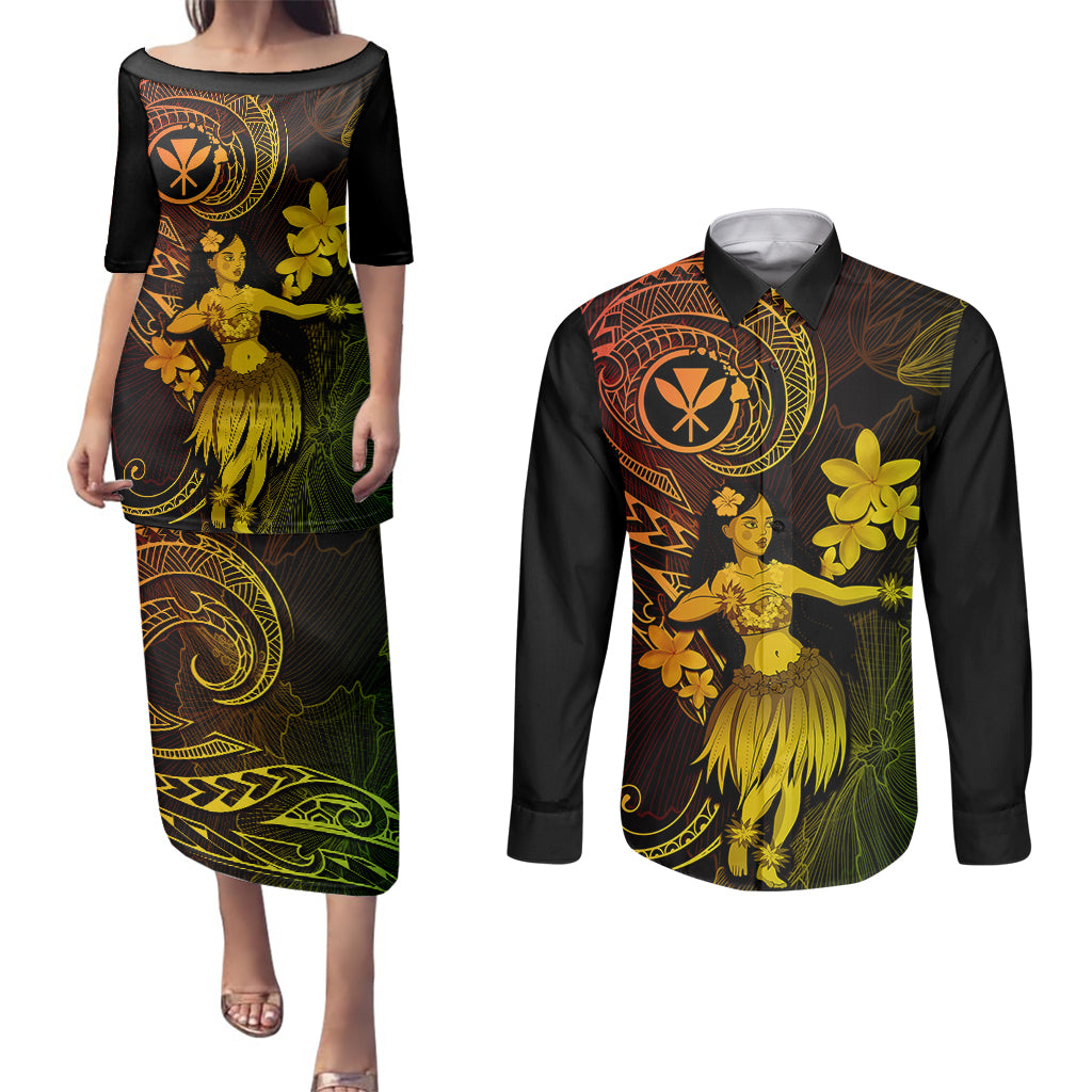 Hawaii Couples Matching Puletasi Dress and Long Sleeve Button Shirts Hula Girl Mix Polynesian Plumeria Reggae Version - Wonder Print Shop