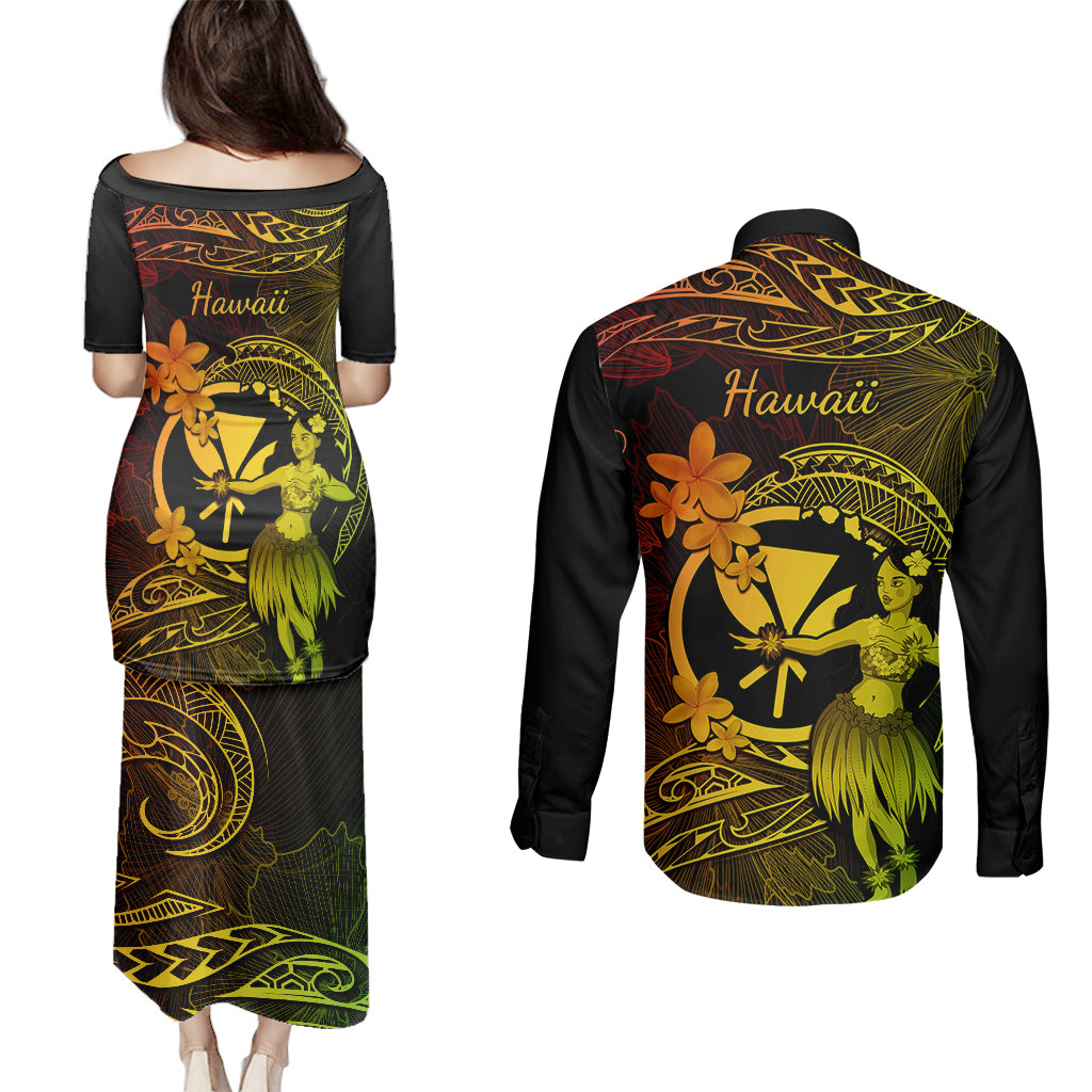 Hawaii Couples Matching Puletasi Dress and Long Sleeve Button Shirts Hula Girl Mix Polynesian Plumeria Reggae Version - Wonder Print Shop