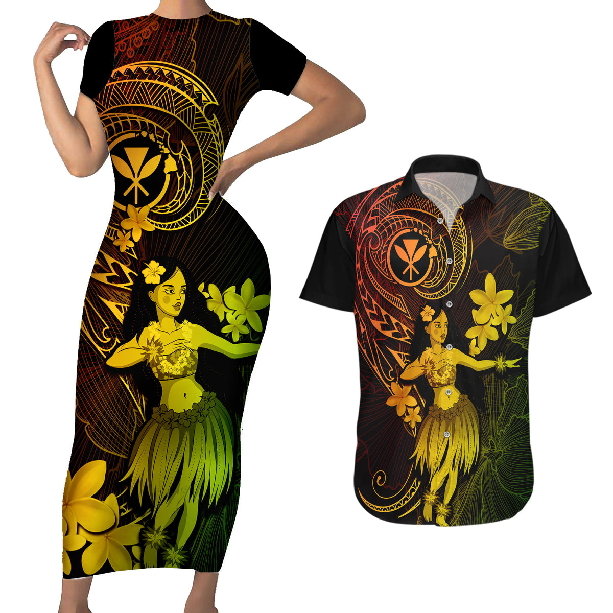 Hawaii Couples Matching Short Sleeve Bodycon Dress and Hawaiian Shirt Hula Girl Mix Polynesian Plumeria Reggae Version - Wonder Print Shop