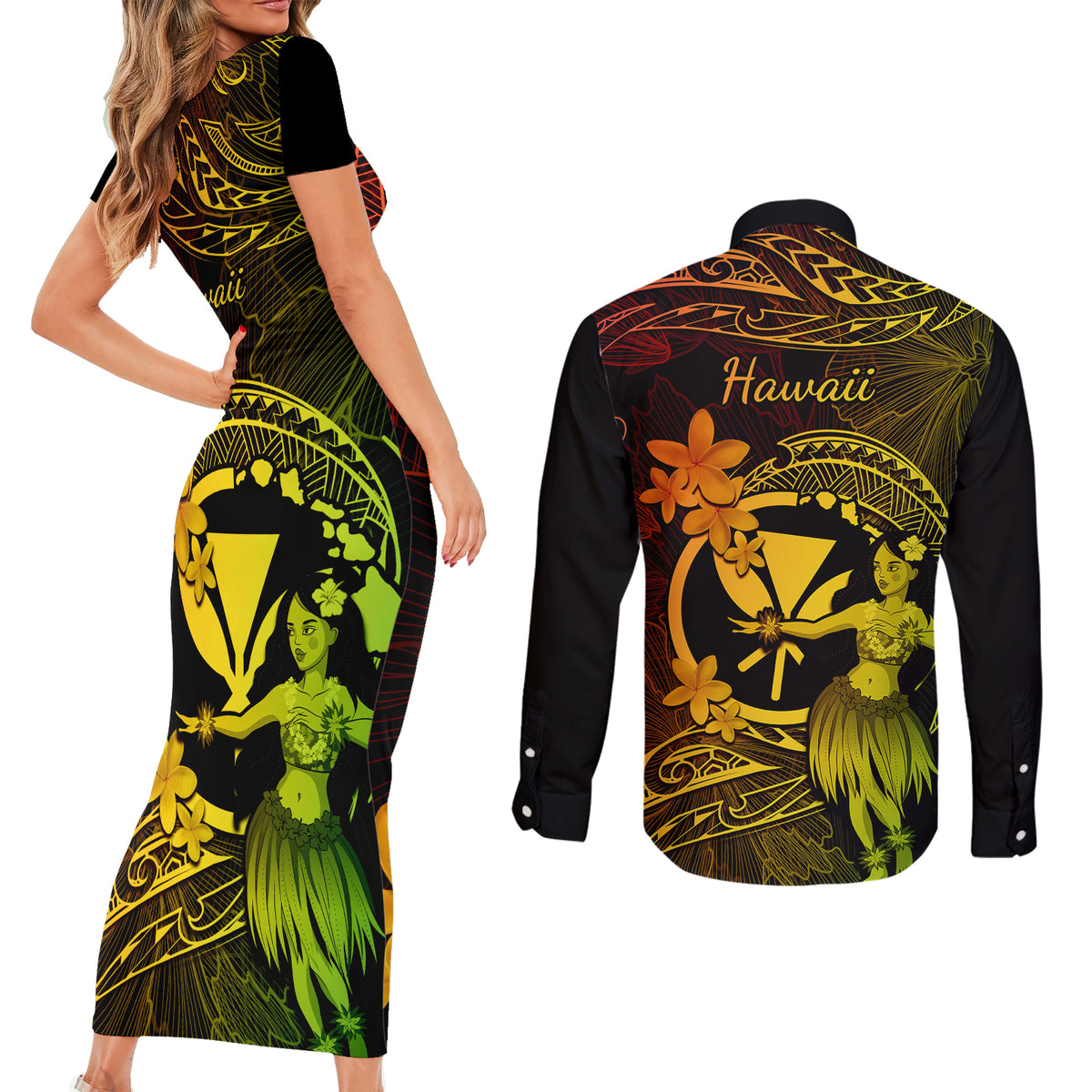 Hawaii Couples Matching Short Sleeve Bodycon Dress and Long Sleeve Button Shirts Hula Girl Mix Polynesian Plumeria Reggae Version - Wonder Print Shop