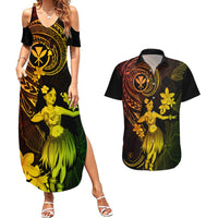 Hawaii Couples Matching Summer Maxi Dress and Hawaiian Shirt Hula Girl Mix Polynesian Plumeria Reggae Version - Wonder Print Shop