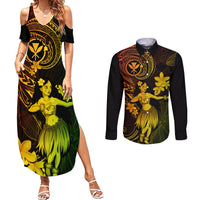 Hawaii Couples Matching Summer Maxi Dress and Long Sleeve Button Shirts Hula Girl Mix Polynesian Plumeria Reggae Version - Wonder Print Shop