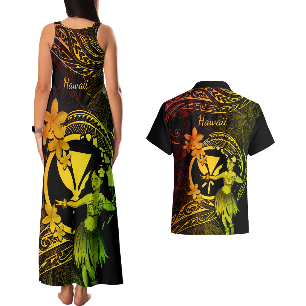 Hawaii Couples Matching Tank Maxi Dress and Hawaiian Shirt Hula Girl Mix Polynesian Plumeria Reggae Version - Wonder Print Shop
