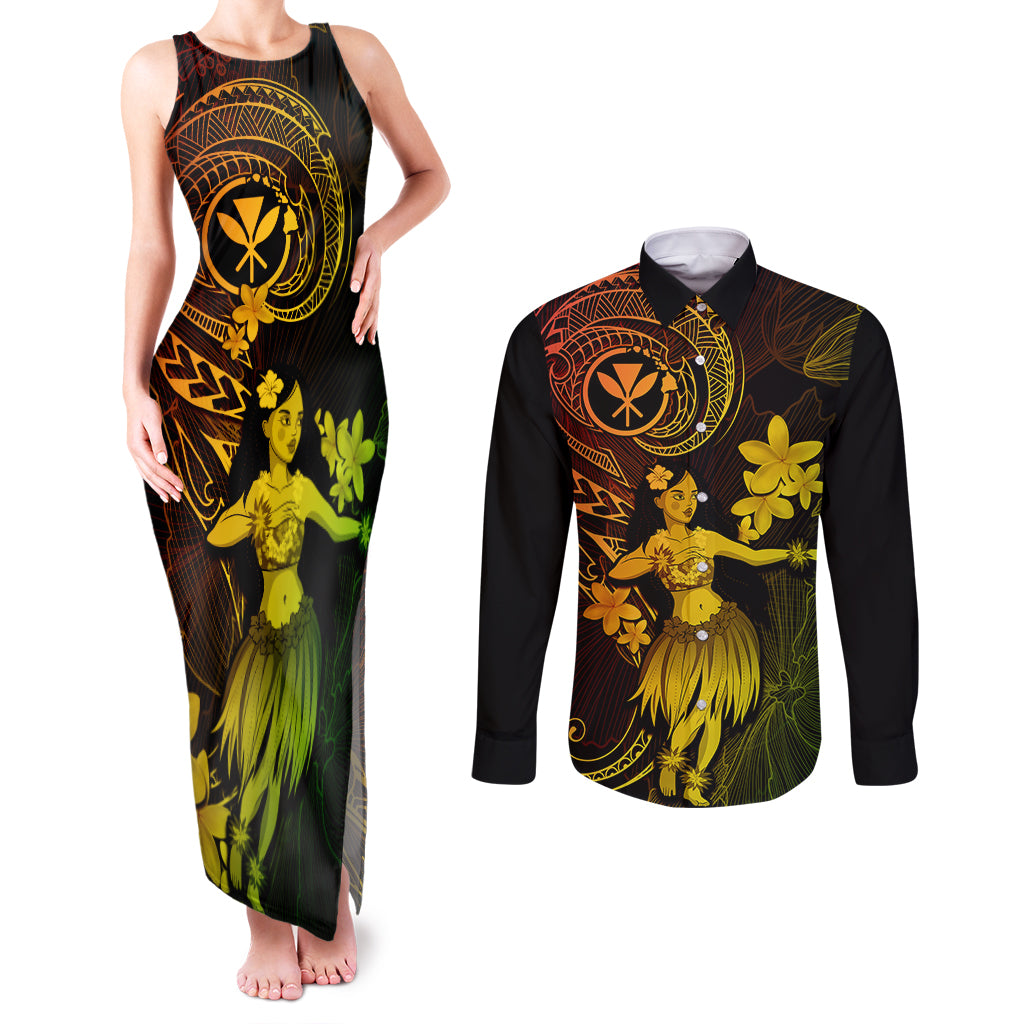 Hawaii Couples Matching Tank Maxi Dress and Long Sleeve Button Shirts Hula Girl Mix Polynesian Plumeria Reggae Version - Wonder Print Shop